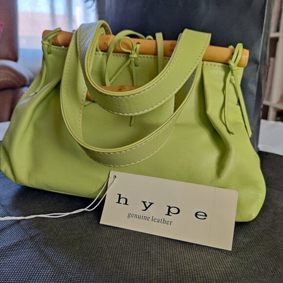 Hype Genuine Leather Bamboo Satchel Bag ~Gorgeous Lime Green Color - Picture 1 of 13
